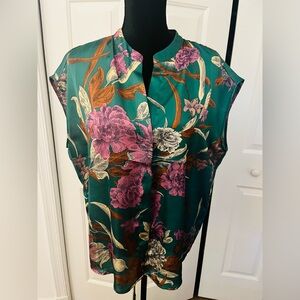 Elie Tahari Floral Silk like Blouse in Green and Pink